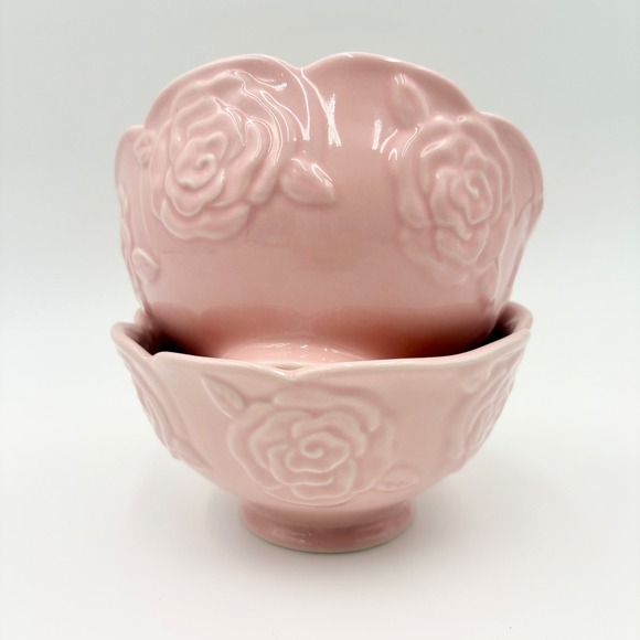 Potter's Studio Other - Potter's Studio Pink Rose Embossed Scalloped Ceramic Bowls Set of 2 Footed